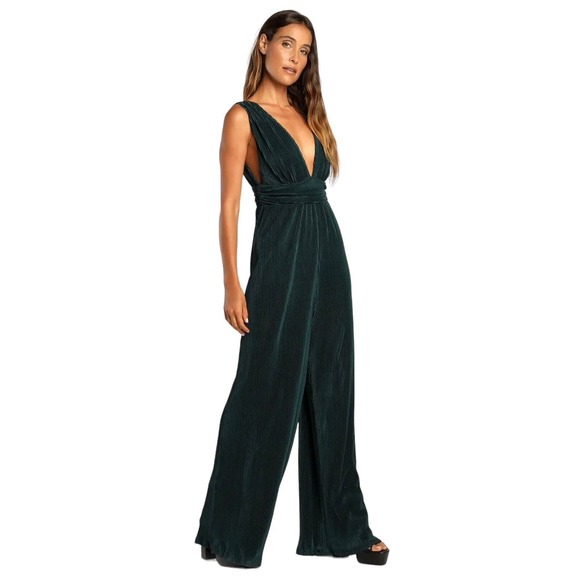 NWT Lulu’s Plisse Be Mine Teal Green Plisse Wide Leg Jumpsuit Size XS Lined Zip - Picture 2 of 16